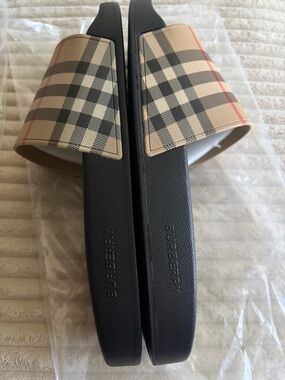 Burberry Plaid Slide Sandals in Beige and Black